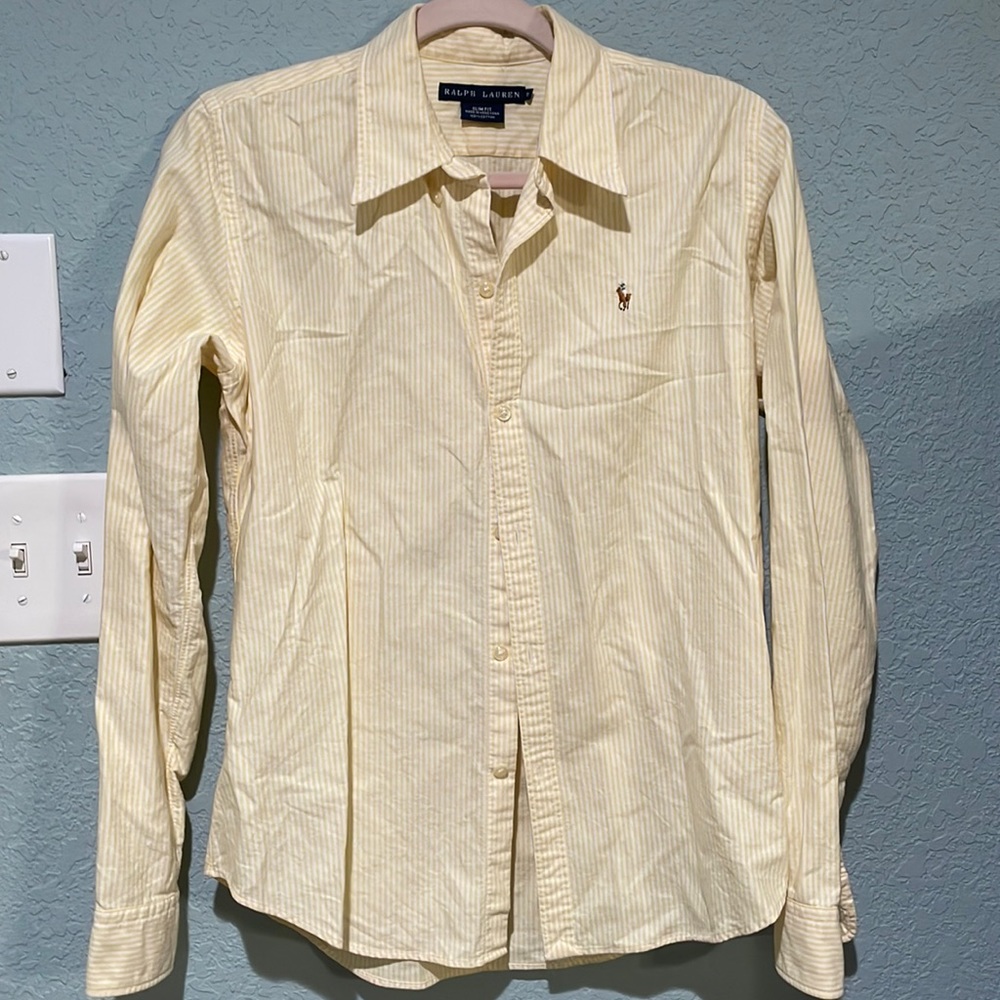Ralph Lauren women’s slim fit, size 12. Long sleeve, yellow and white